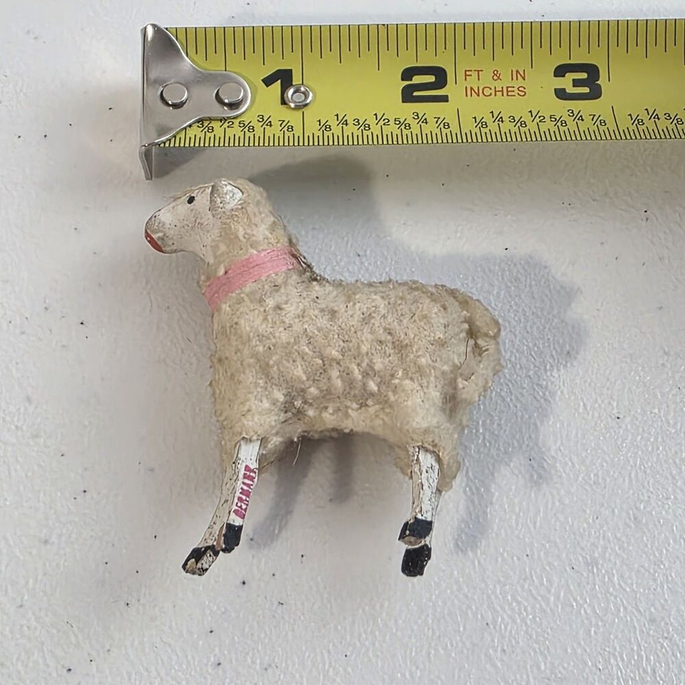 Antique German Putz Stick Leg Sheep 2 1/8" Pink Collar Matchstick Wood Germany - Picture 7 of 7